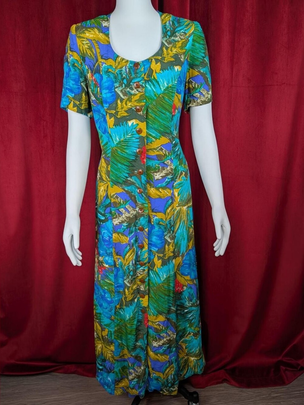 Vintage 80's Betty Barclay Green, Blue, Yellow, & Red Tropical Leaf Maxi Dress